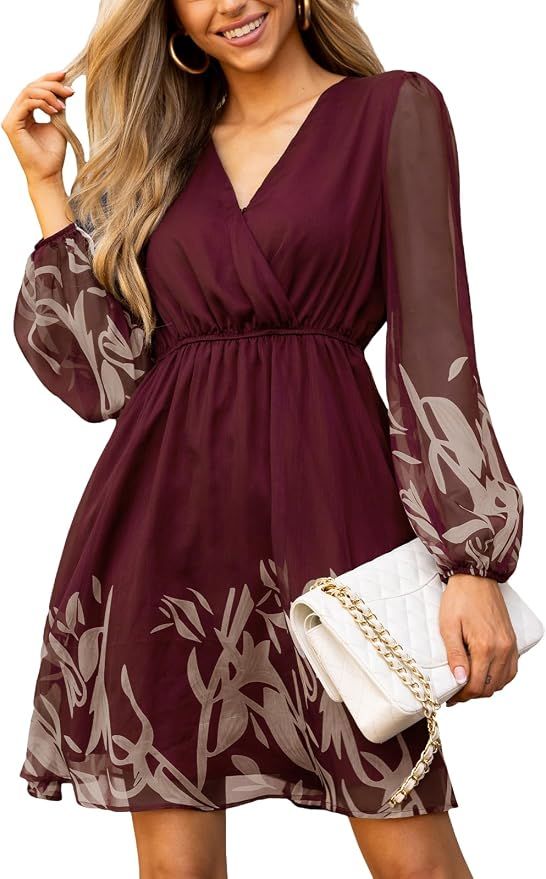 Womens Fall Floral Dress Boho Vacation Mini Wedding Guest Dresses