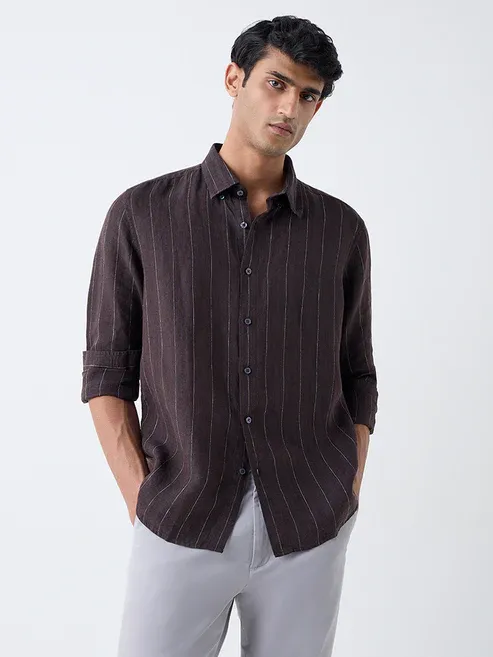 Dark Brown Striped Relaxed-Fit Linen Shirt