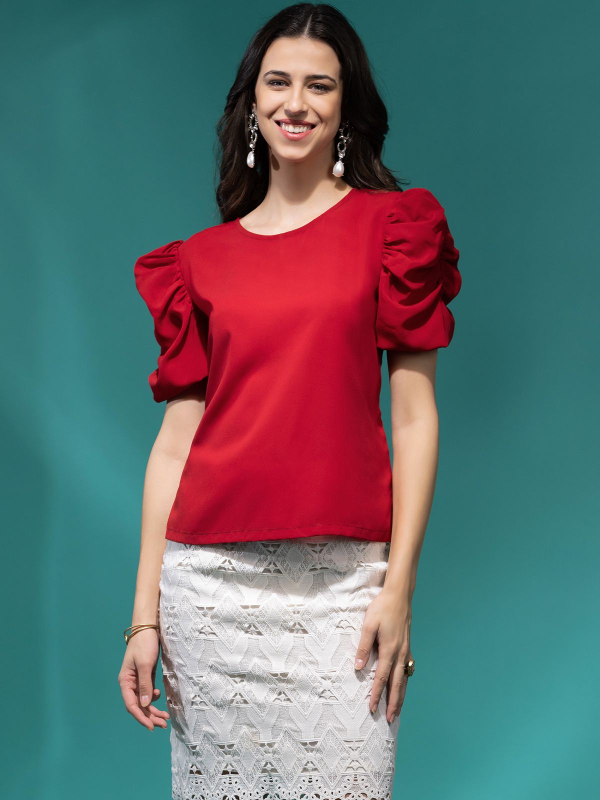 Maroon Ruched Puff Sleeves Top
