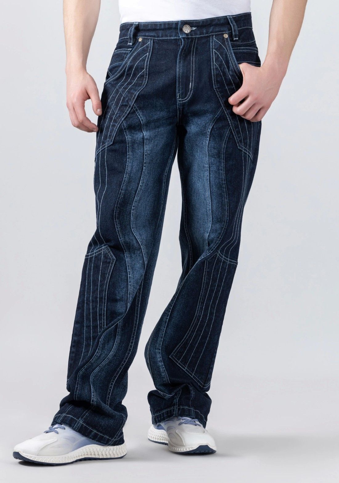 Blue Wide Leg Cut And Sew Men's Jeans