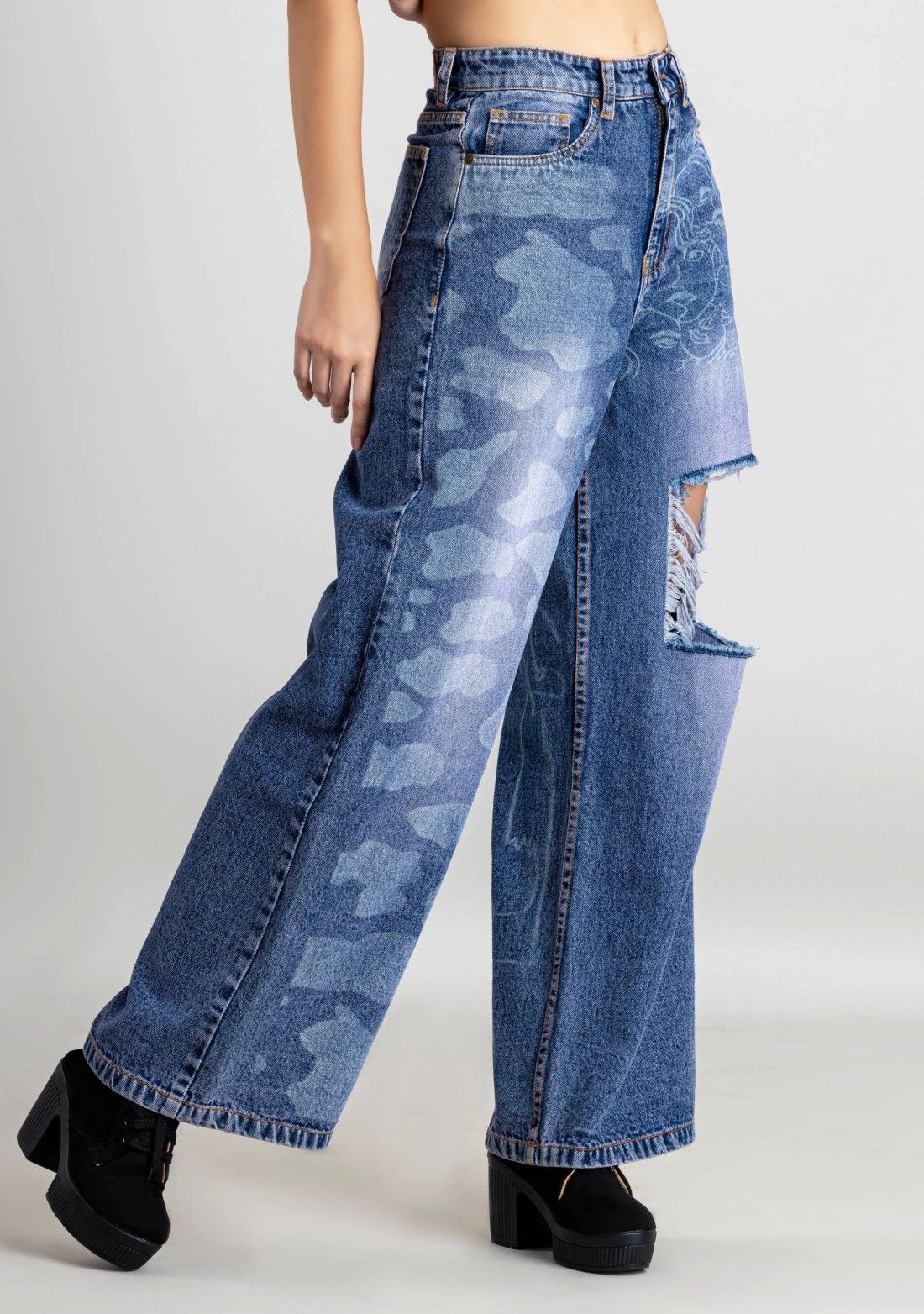 Blue Laser Print Wide Leg Women's Distressed Jeans