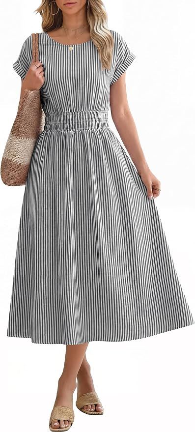 Womens Summer Midi Dress Striped Casual Short Sleeve Crewneck Elastic Waist 2026 Flowy Long Beach Dress with Pockets