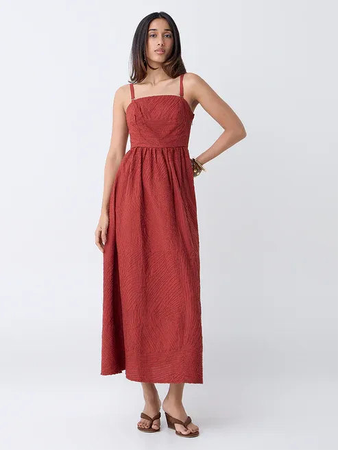 Dark Rust Embroidered A-Line Dress