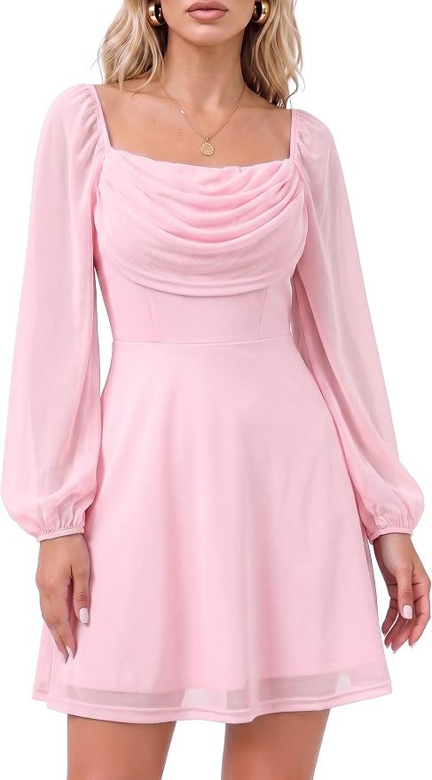 Women's Long Lantern Sleeve Square Neck A-Line Mesh Mini Dresses