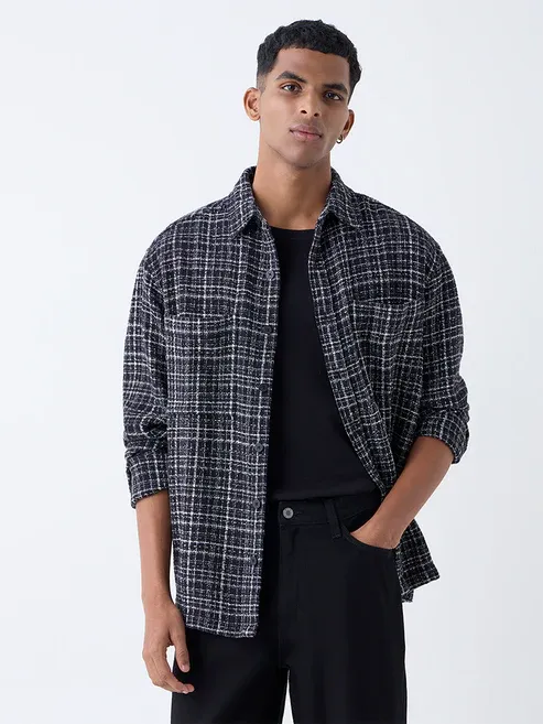 Black Checkered Relaxed-Fit Cotton Shirt