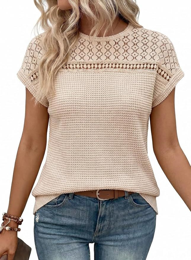 Women's Tops Casual Scoop Neck Short Sleeve Waffle Knit Hollow Out Shirts Loose Tunic Tops Blouses