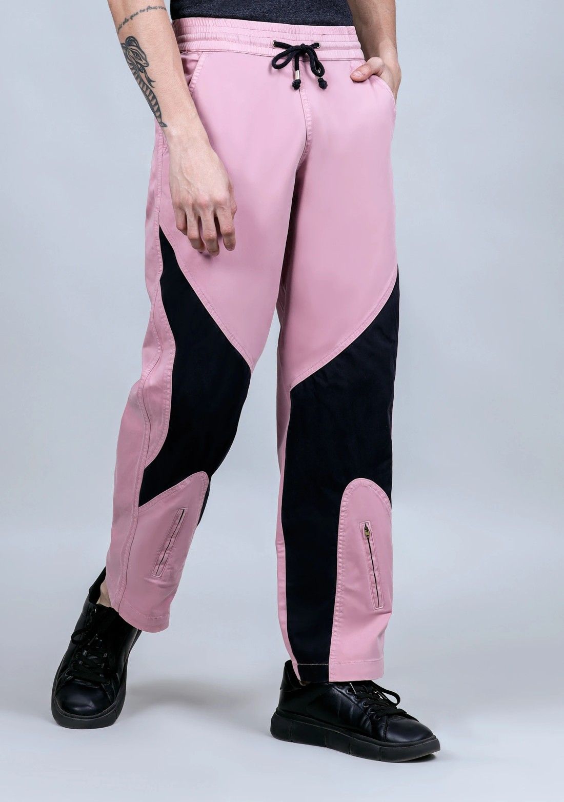 Pale Pink And Black Straight Fit Men's Cotton Trousers