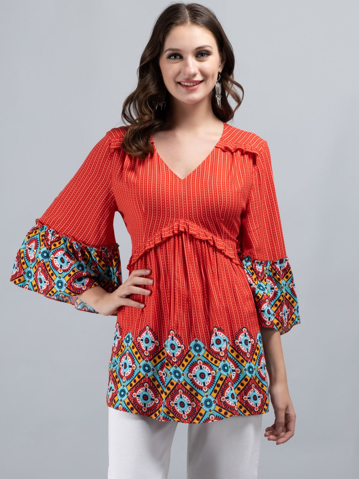 Red & Multi Border Printed Peplum Style Viscose Rayon Tunic Top