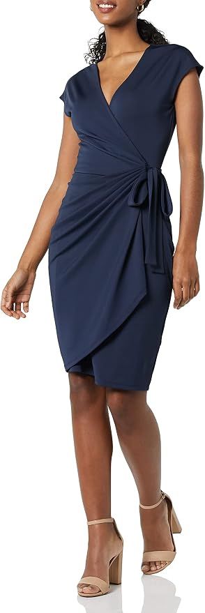 Women's Classic Cap Sleeve Wrap Dress with V Neck, Pleated Waist (Available in Plus Size)