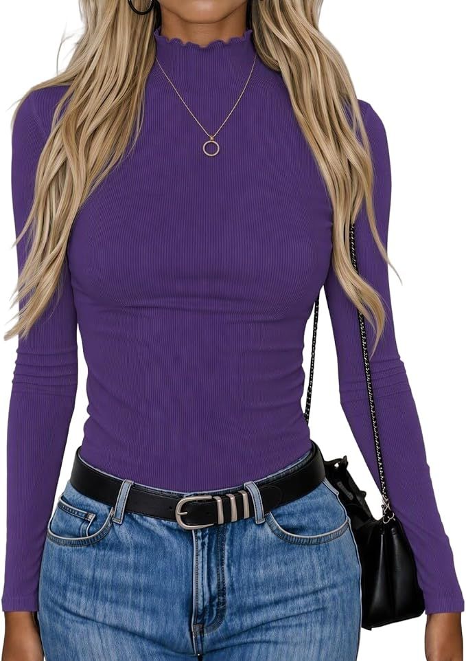 Shirt for Women Mock Neck Ribbed Slim Fit Fall Top