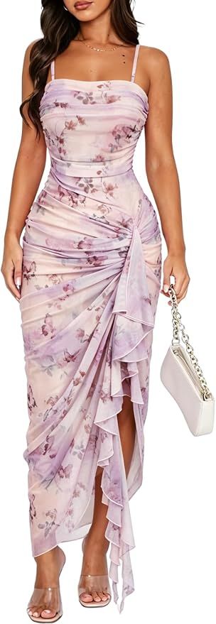 HUX Women's Floral Mesh Ruffle Hem Bodycon Midi Dress