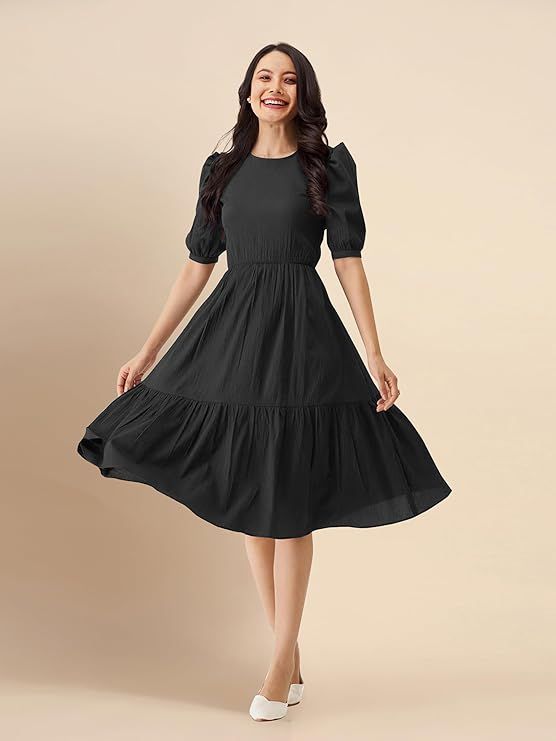 Dress for Women Cotton Blend Round Neck Half Puff Sleeve Flared Pleated Midi Western Dress