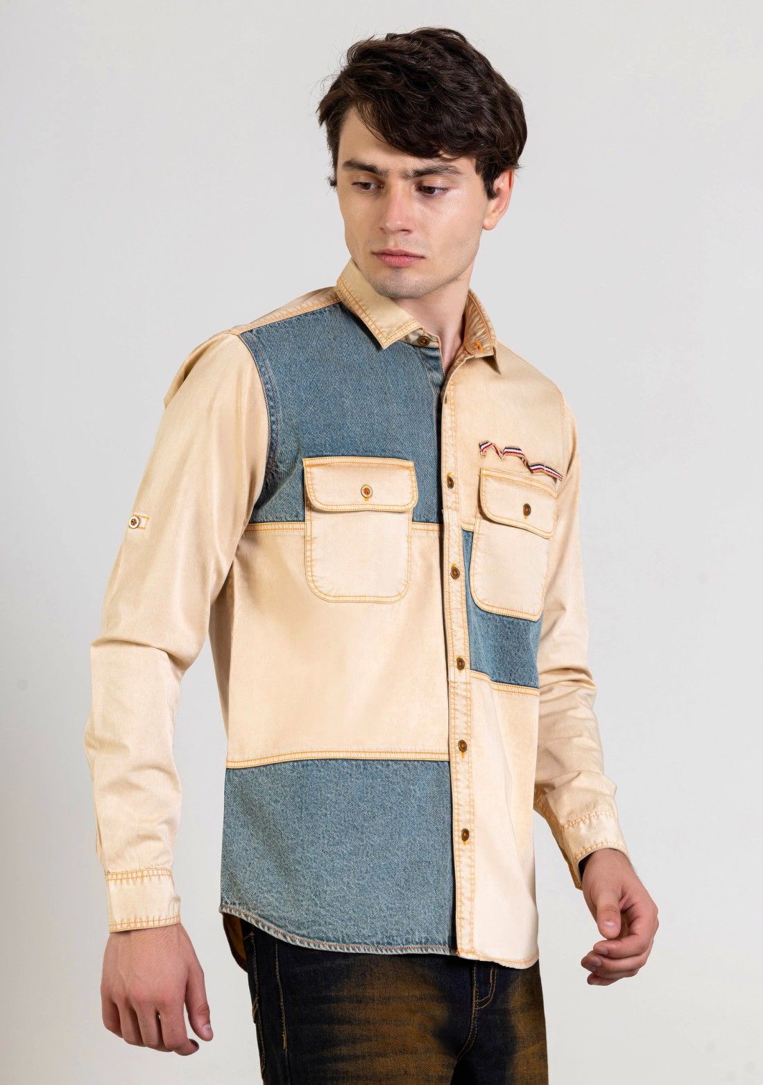 Beige Slim Fit Men's Denim Cotton Shirt