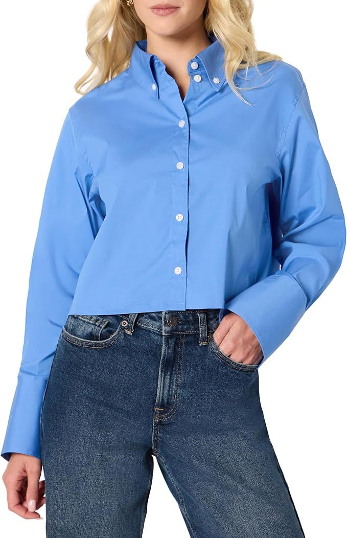 Essentials Women's Oversized-Fit Cropped Cotton Stretch Poplin Button-Down Shirt