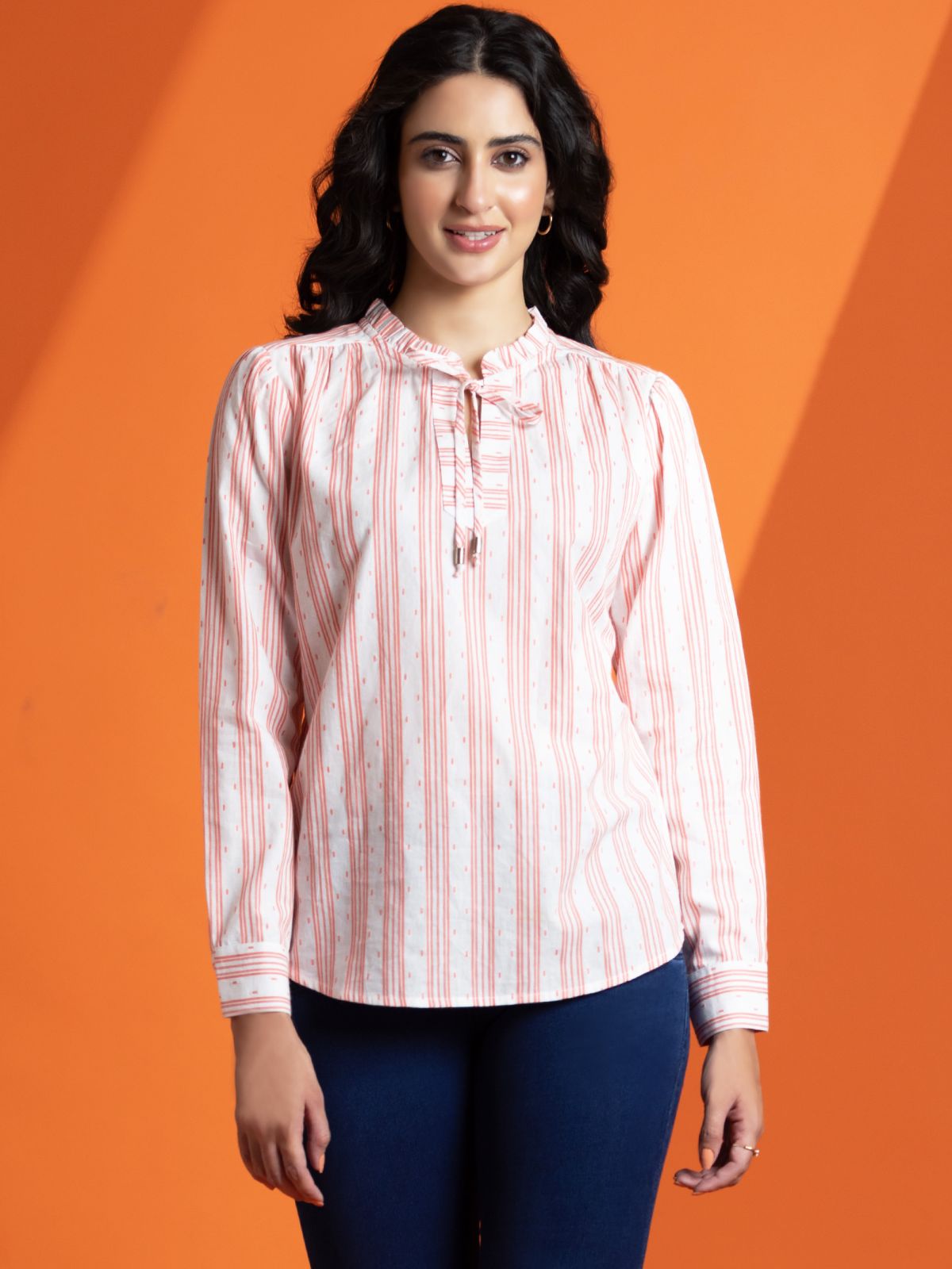 White Yarn Dyed Stripes Cotton Dobby Tunic Top