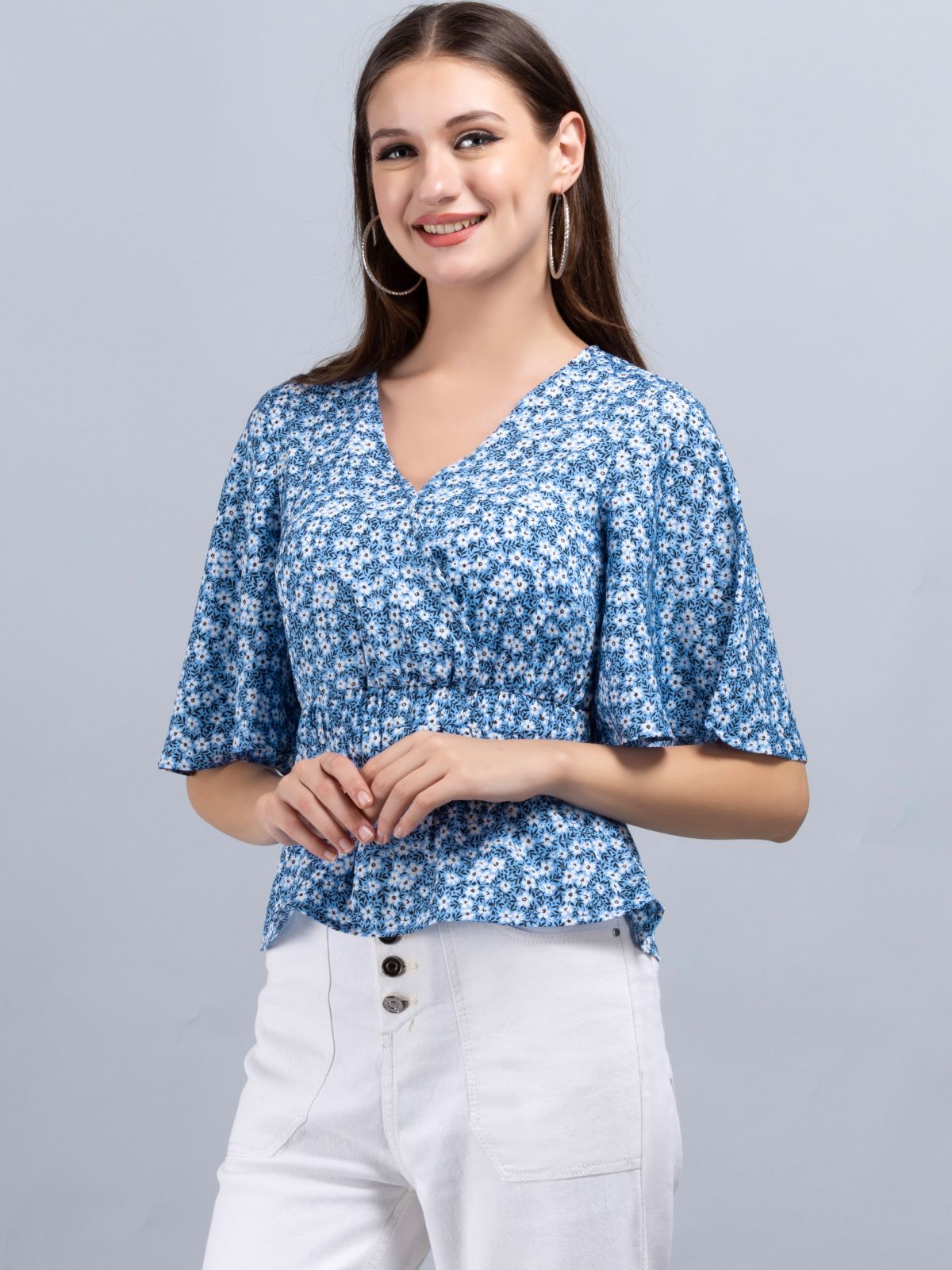 Blue Ditsy Floral Print Wrap Peplum Top