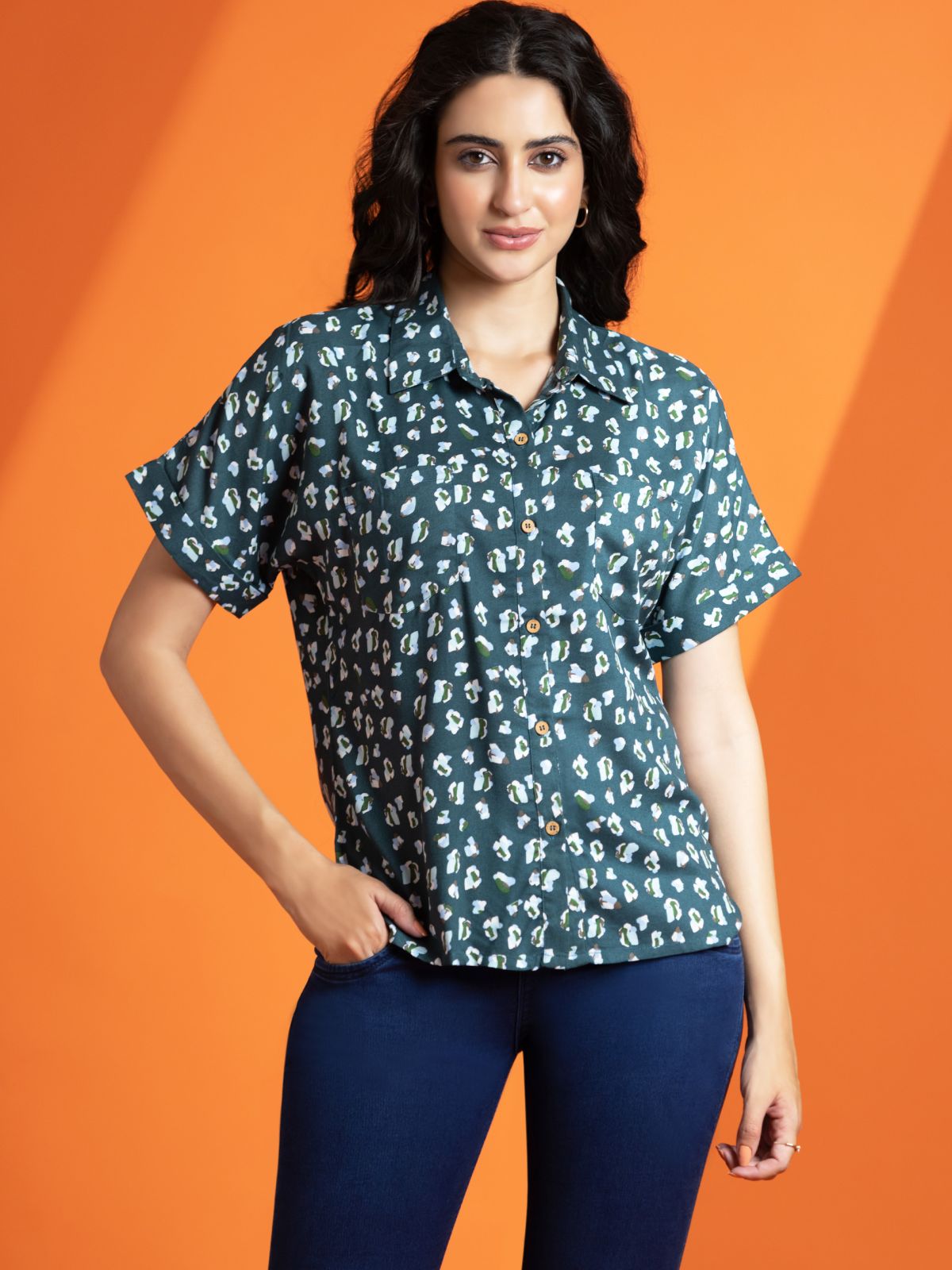 Turquoise Green Abstarct Print Relax Fit Rayon Top