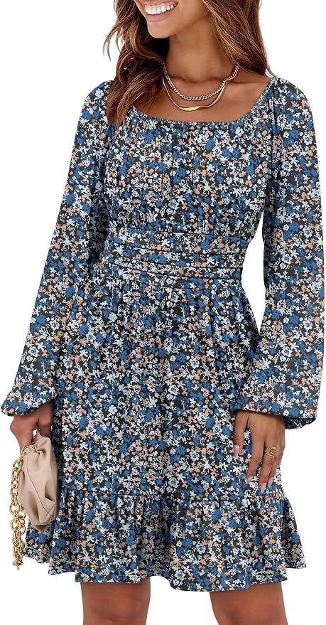 Women Long Lantern Sleeve Square Neck Fall Short Dress