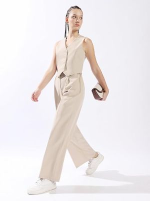 Women Solid Regular Length Tailored Fit V Neck Sleeveless Waistcoat and Wide Leg Trouser Co-ord Set