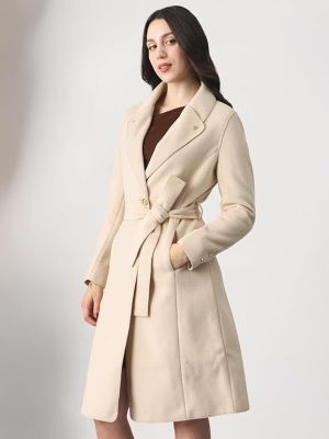 Women Shawl Collar Long Sleeves Solid 2 Pockets Winterwear Trench Coat With Belt