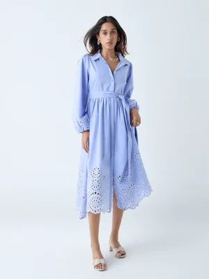 Light Blue Schiffli Design Cotton Shirt Dress with Belt