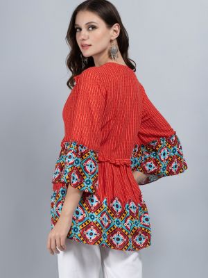 Red & Multi Border Printed Peplum Style Viscose Rayon Tunic Top
