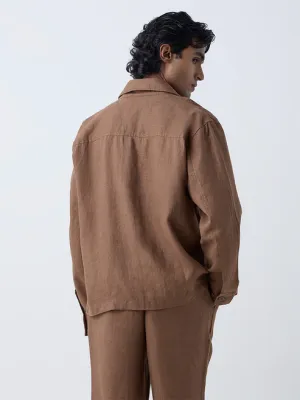 Khaki Solid Relaxed-Fit Linen Jacke