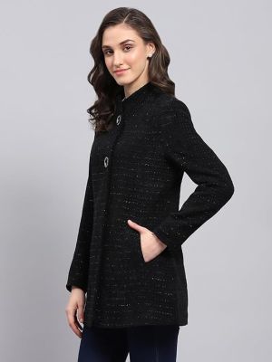 Womens Self Design Round Neck Full Sleeve Coat