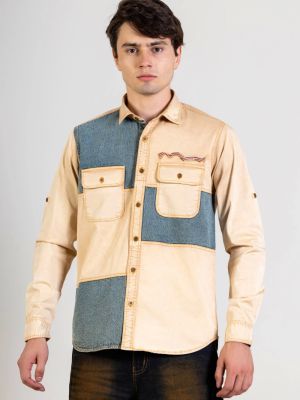 Beige Slim Fit Men's Denim Cotton Shirt