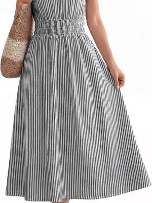 Womens Summer Midi Dress Striped Casual Short Sleeve Crewneck Elastic Waist 2026 Flowy Long Beach Dress with Pockets