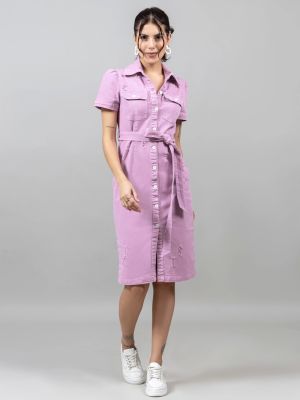 Flamingo Pink Button Down Denim Midi Dress
