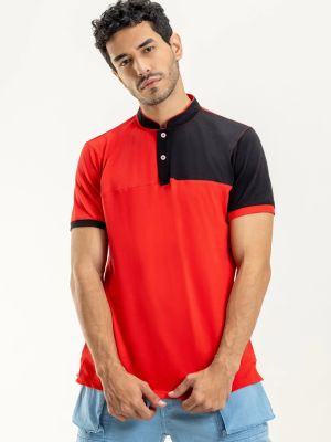 Red & Black Regular Fit Men's Henley Collar T-shirt
