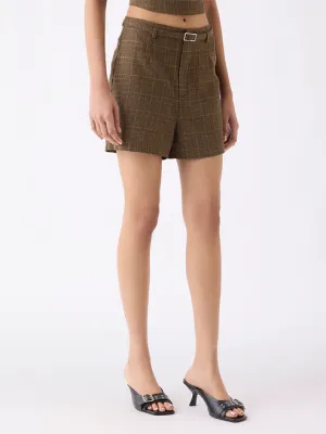 Brown Houndstooth High-Rise Shorts with Belt
