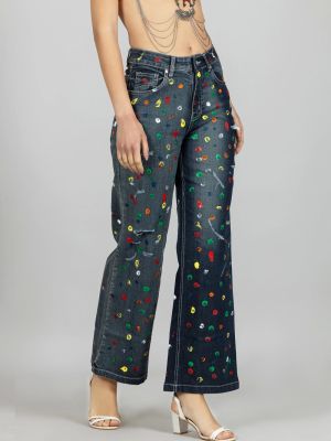 Blue Wide Leg Brush Strokes Painted Women’s Jeans