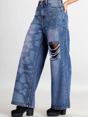 Blue Laser Print Wide Leg Women's Distressed Jeans