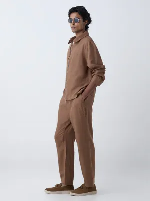 Khaki Solid Relaxed-Fit Linen Jacke