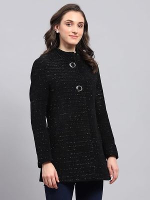 Womens Self Design Round Neck Full Sleeve Coat