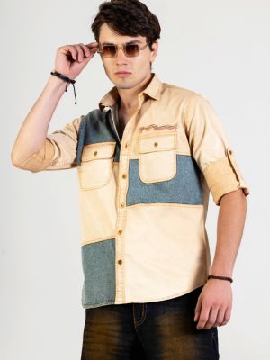 Beige Slim Fit Men's Denim Cotton Shirt
