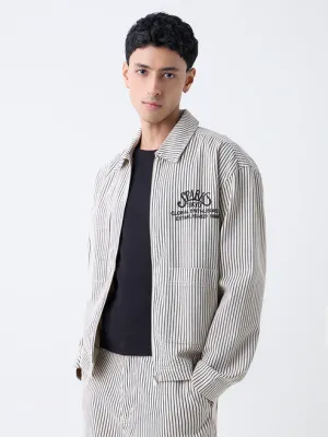 Beige Striped Relaxed-Fit Cotton Jacket