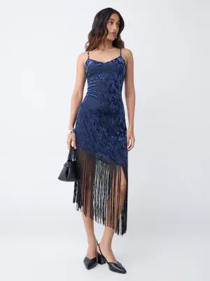 Navy Fringe-Detailed Velvet Bodycon Dress