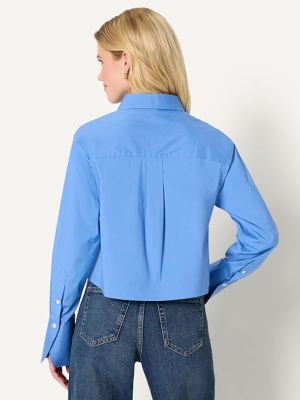 Essentials Women's Oversized-Fit Cropped Cotton Stretch Poplin Button-Down Shirt
