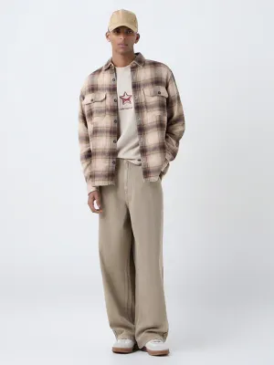 Light Brown Checkered Relaxed-Fit Cotton Shirt