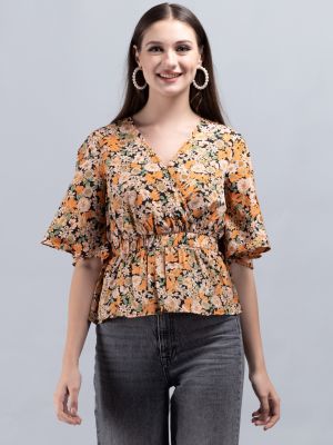 Multi Colour Floral Print Wrap Peplum Top