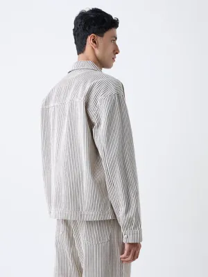 Beige Striped Relaxed-Fit Cotton Jacket