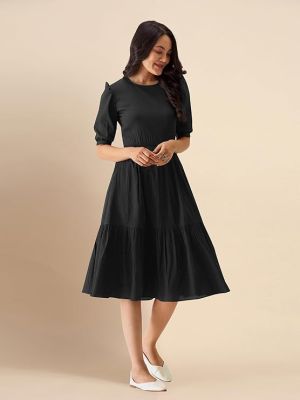 Dress for Women Cotton Blend Round Neck Half Puff Sleeve Flared Pleated Midi Western Dress