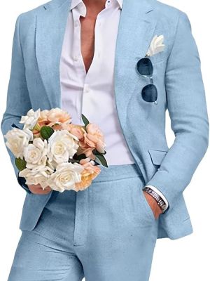 Men's Linen Suit 2 Piece Slim Fit Summer Beach Wedding Prom Party