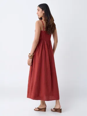 Dark Rust Embroidered A-Line Dress