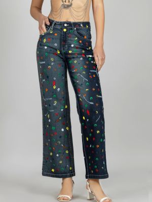 Blue Wide Leg Brush Strokes Painted Women’s Jeans