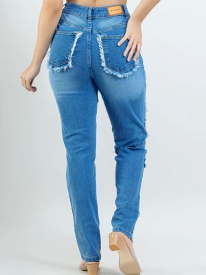 Blue Straight Fit Women's Heavily Distressed Jeans