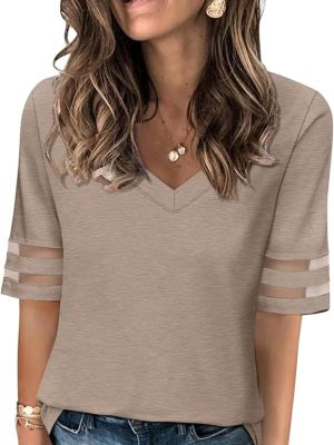 Women's Mesh Panel Half Sleeve Tops Summer V Neck Tee Shirts